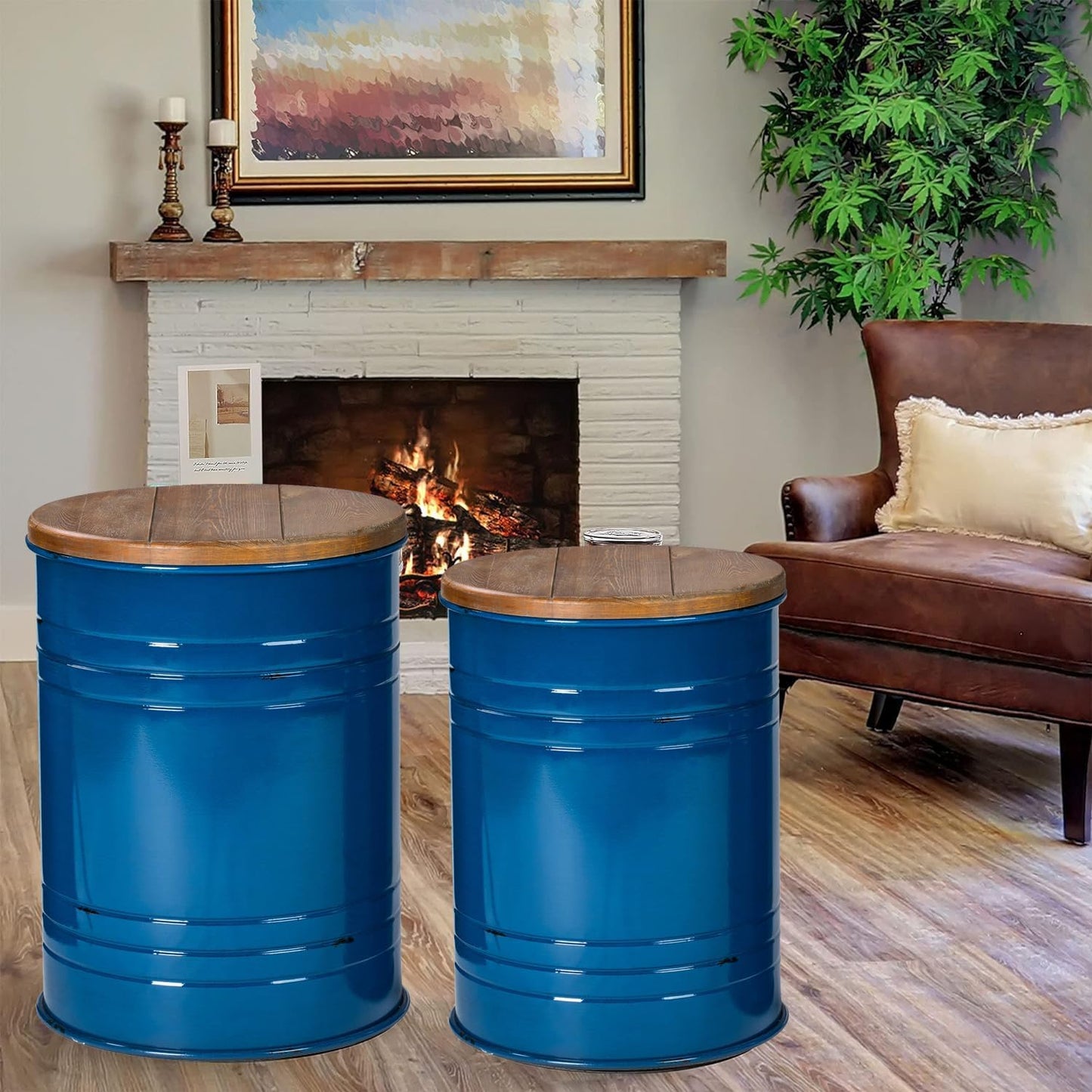 Glitzhome Farmhouse Accent Side Table, Metal Storage Stool Ottoman with Round Lid - Galvanized Coffee Cocktail End Tables Set of 2 for Living Room Bedroom, Navy Blue