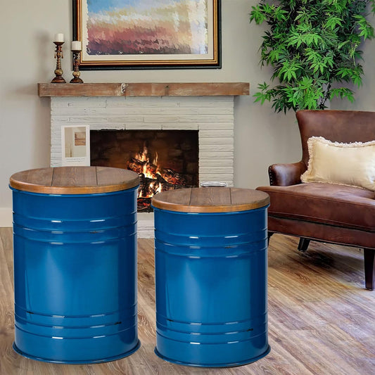 Glitzhome Farmhouse Accent Side Table, Metal Storage Stool Ottoman with Round Lid - Galvanized Coffee Cocktail End Tables Set of 2 for Living Room Bedroom, Navy Blue