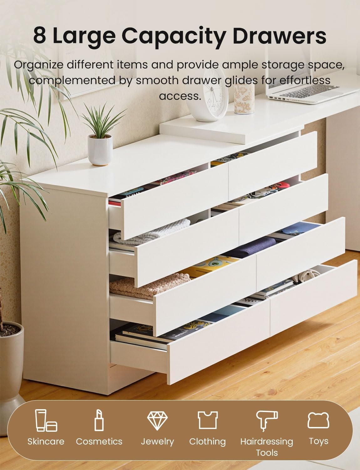 8 Drawer Vanity Dresser Combo with Extendable Table & L-Shaped Desk, White MDF Large Dresser for Bedroom, Adjustable Makeup Dressing Table with Wide Storage, Desk and Vanity Combo for Small Spaces