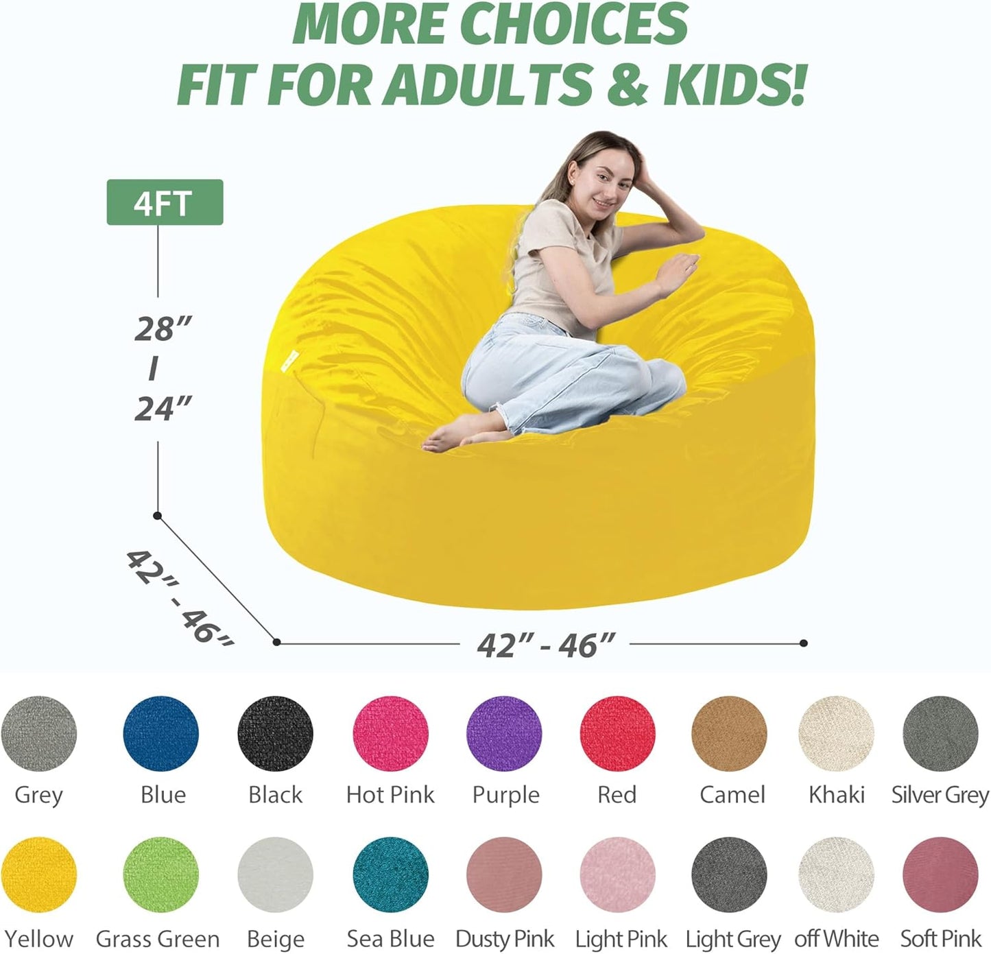 4FT Bean Bag Chair with Ultra Soft Velvet Cover Bean Bag Sofa with Memory Foam Bean Bag Chairs with Large Size Lazy Sofa for Dorm Office Living Room Bedroom Yellow 4'