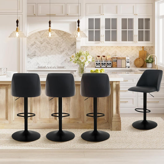 COLAMY Bar Stools Set of 4, Modern Swivel Bar Chairs, Adjustable PU Leather Upholstered Barstools Counter Height with Full Backrest for Bar, Dining Room, Kitchen Island, Black