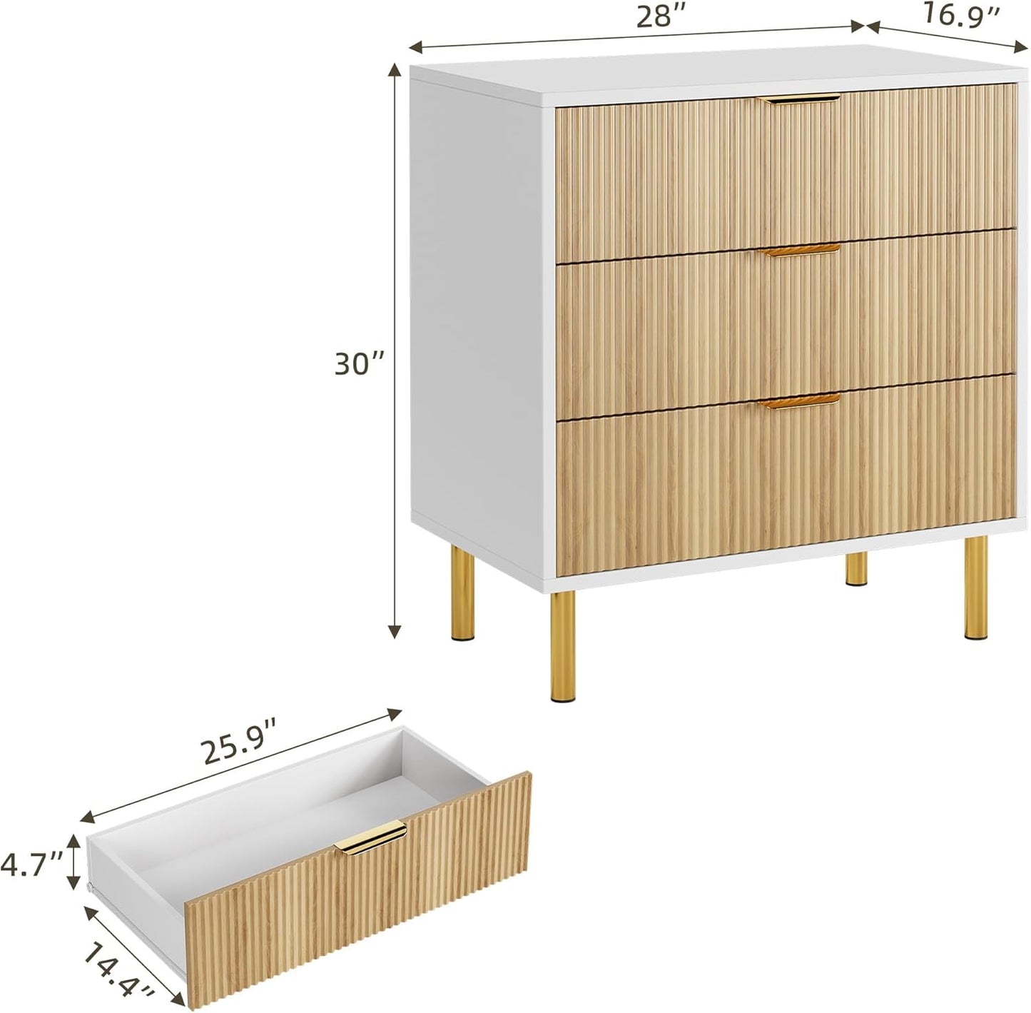 GarveeHome Natural Dresser, Modern 3 Drawer Dresser for Bedroom with Gold Handle and Large Drawer, Wood Double Chest of Drawers and Storage Organizer for Living Room, Hallway, Entryway