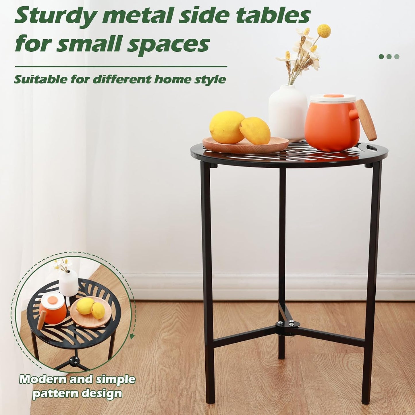 Party Zealot 1 Pack 13" Metal Outdoor Side Tables Small Black Outside End Table for Patio Round Accent Corner Stand for Small Spaces Weather-Resistant Coffee Table for Balcony Porch Plant Stand, Leaf