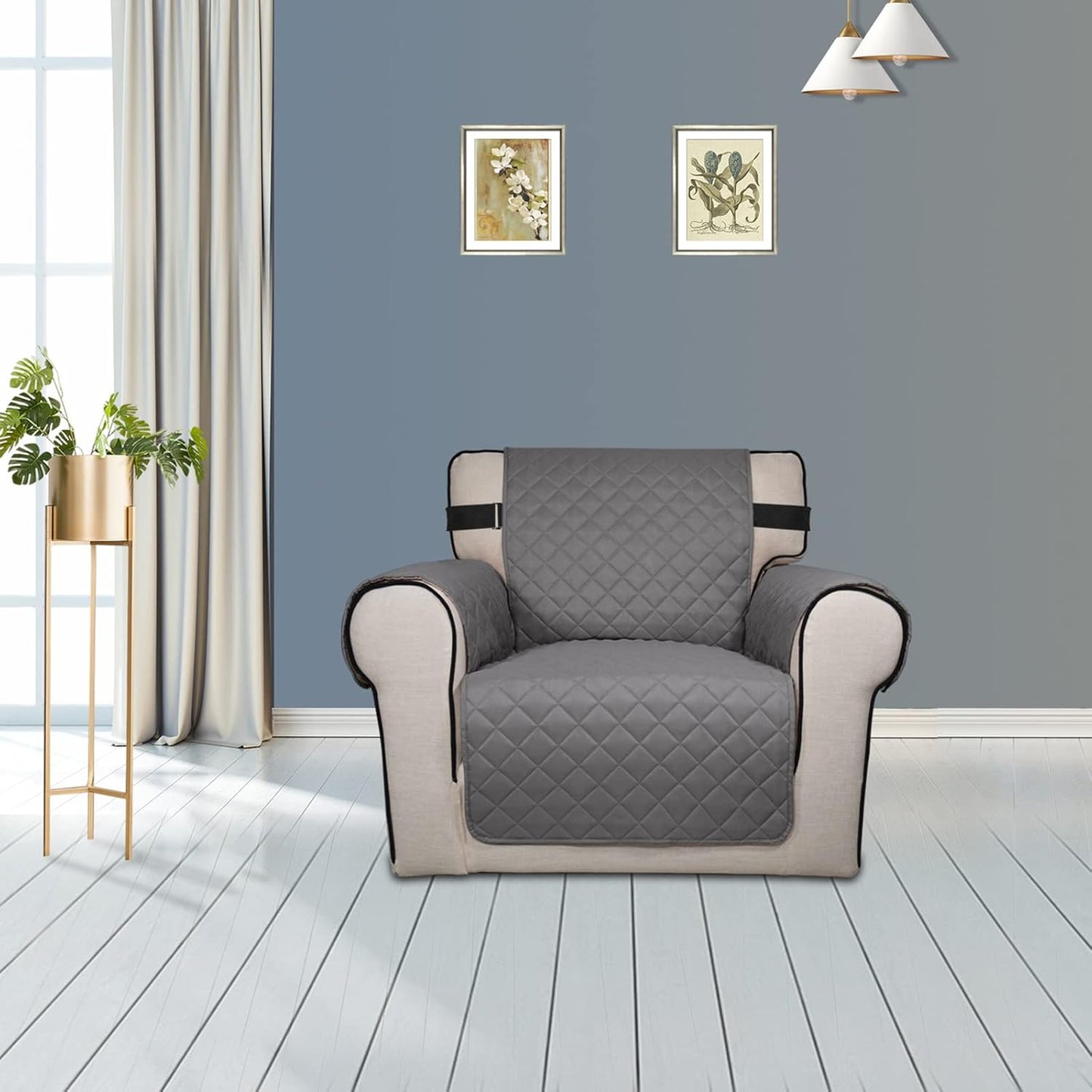 PureFit Reversible Sofa Cover Water Resistant Chair Couch Cover, Machine Washable Furniture Cover with Non-Slip Foam and Adjustable Strap for Dogs, Pets (Chair, Gray/Light Gray)