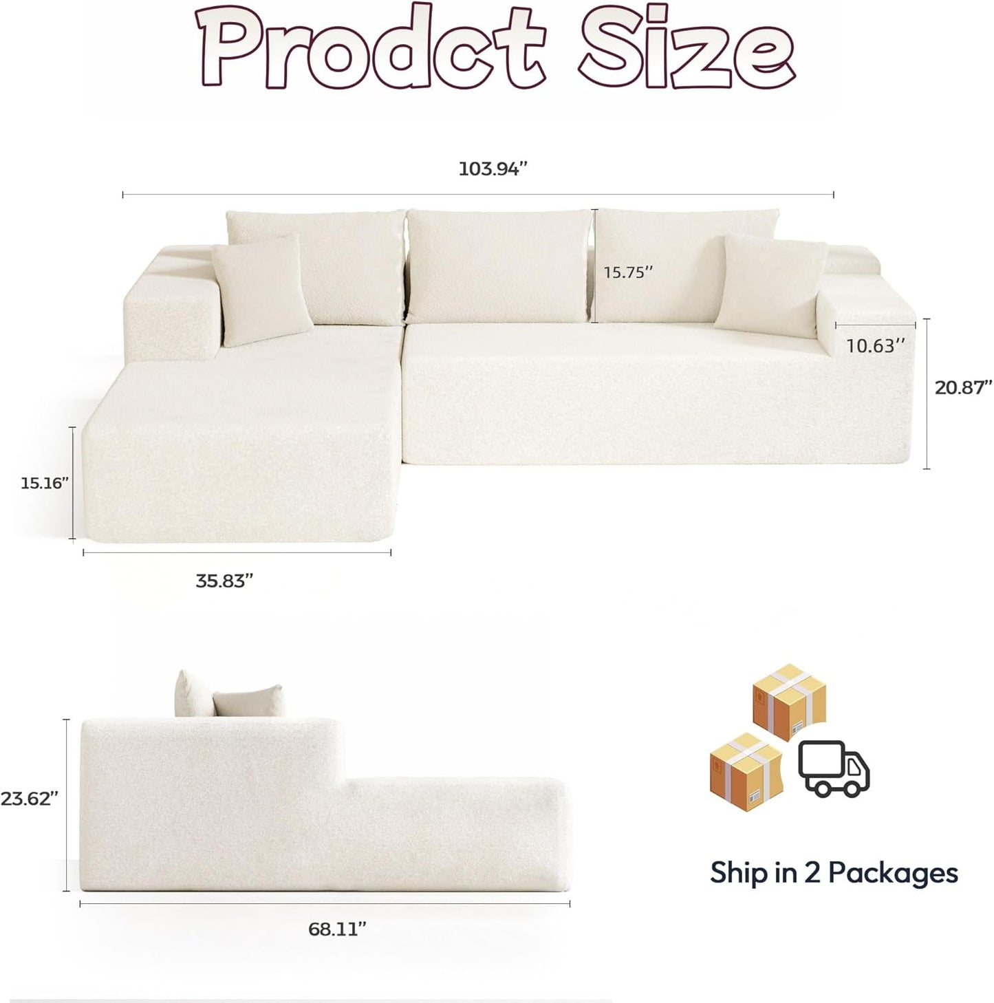 Cloud Sectional Couch, 104”L-Shape Oversized Sofa with Right Chaise Lounge, Modular Sleeper Couch with Pillows & Deep Seat, Rain Drop Velvet Fabric Compressed Sofa for Living Room, Beige