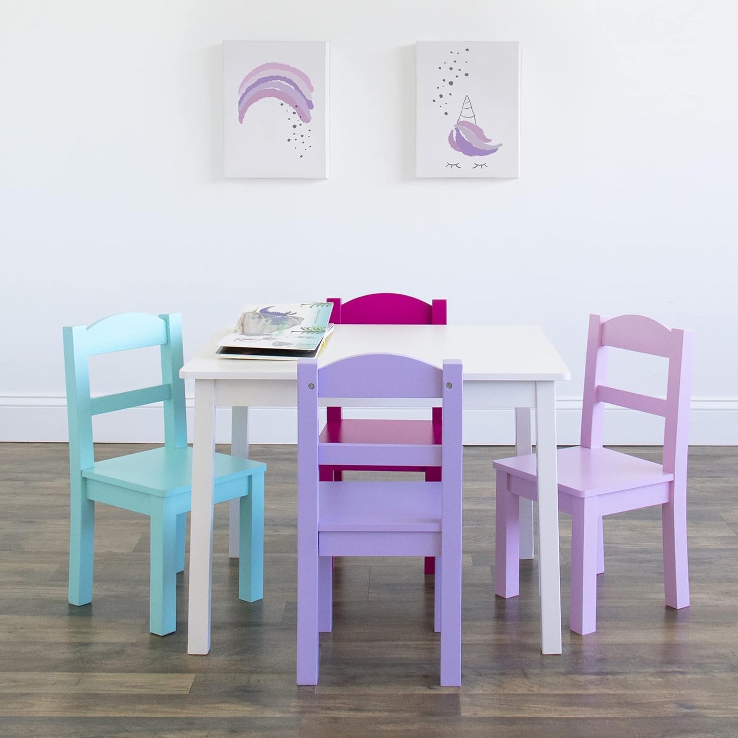 Humble Crew Kids Wooden Table and 4 Chairs Set, White/Pink/Purple/Aqua - Kids Table and Chair Set for Toddlers and Children for Arts, Crafts, and Snack Time - Sturdy, Durable Toddler Activity Table