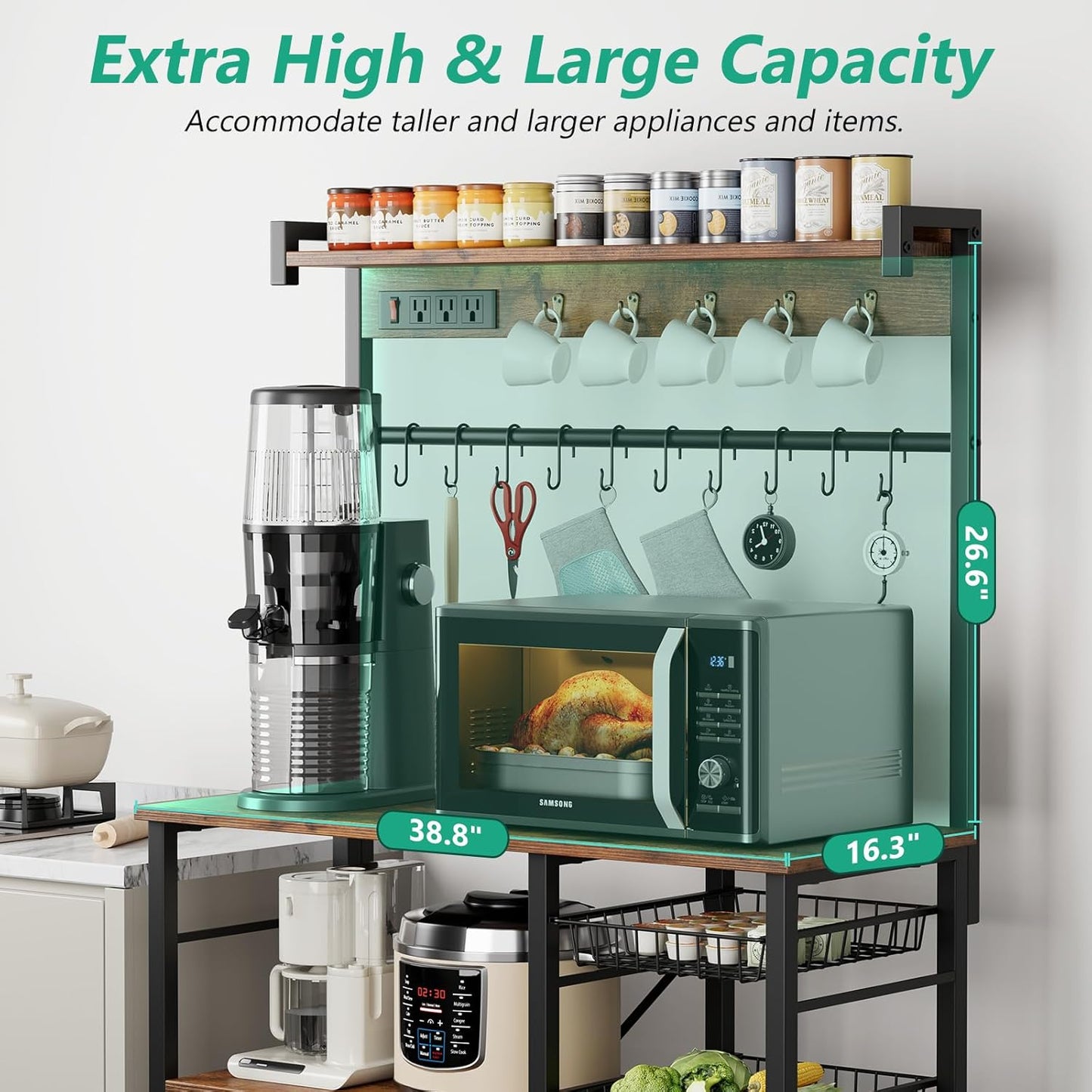 Large Bakers Rack with Power Outlets 38.8 Inches, 15 Hooks Coffee Bar with 3 Wire Basket, Microwave Stand Kitchen Storage Shelf for Spices, Cups, Pots, 38.8 x 16.3 x 62.2 in, Rustic Brown