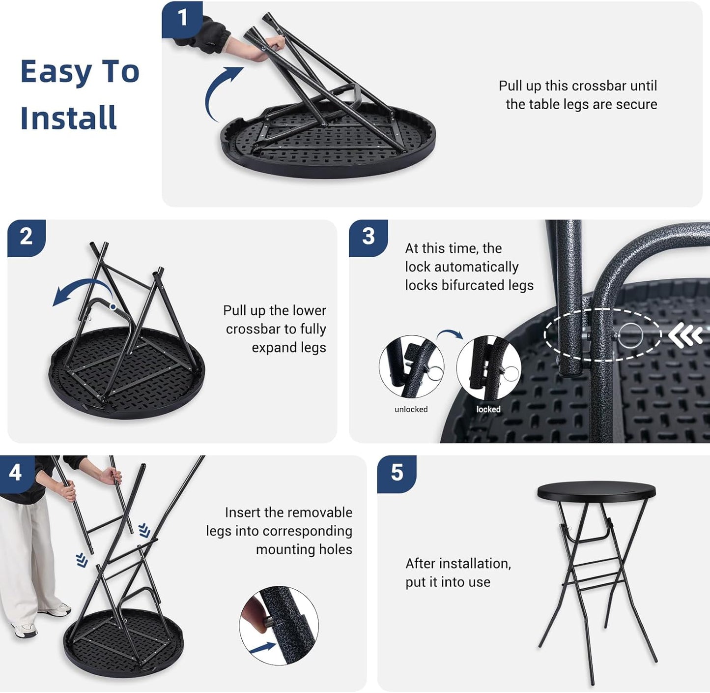 Cocktail Table 28in Folding Round High Top Indoor Outdoor with Removable Legs, Tall Bistro Foldable Bar Height Table for Parties, Patio, Backyard, Dining Room, Events, Black- 2PCS