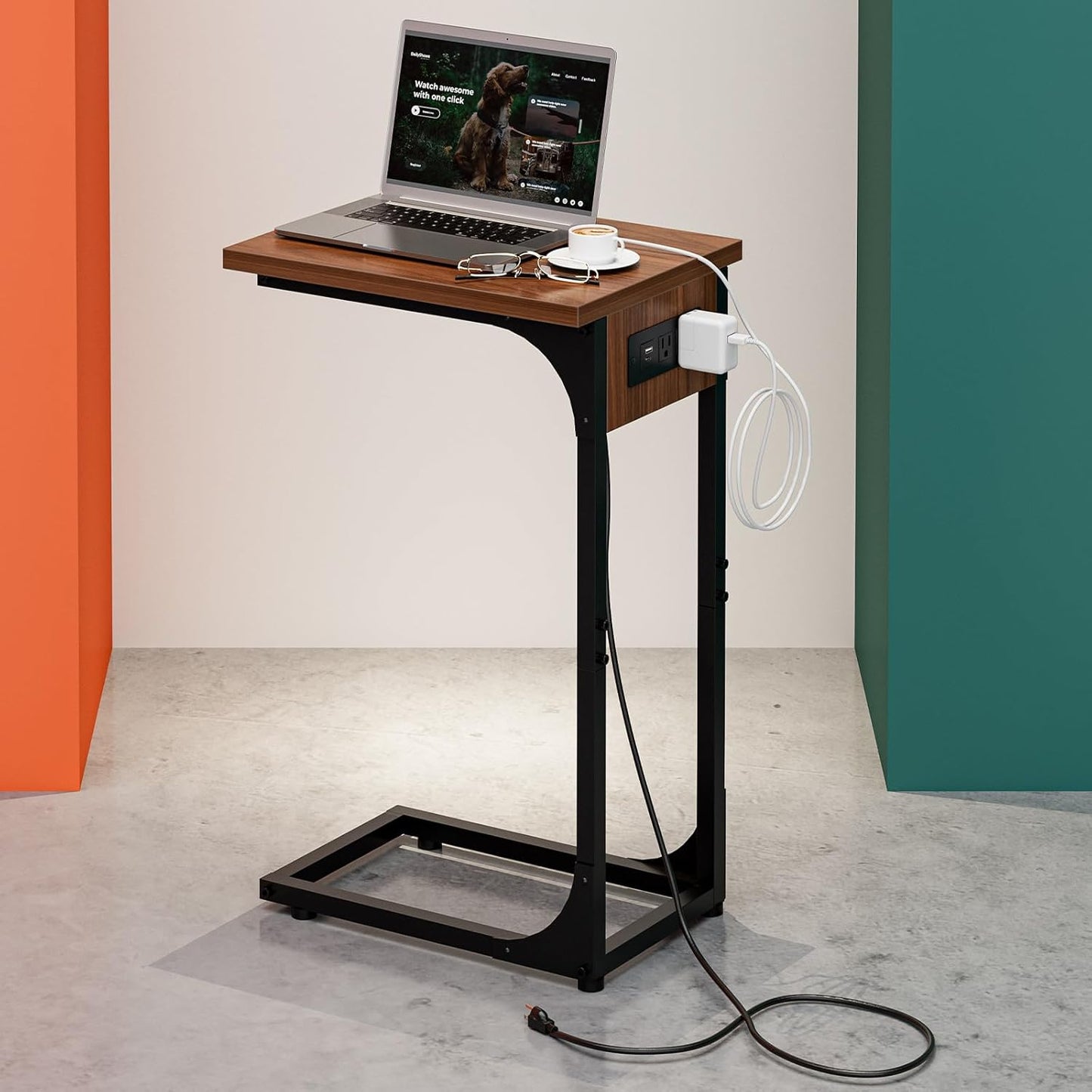 C-Shaped Side Table for Couch - Small Coffee Stand Sofa Tray Desk with Metal Frame Waterproof Scratch Resistant Wood Top and Built-in Charging Station, Rustic Walnut