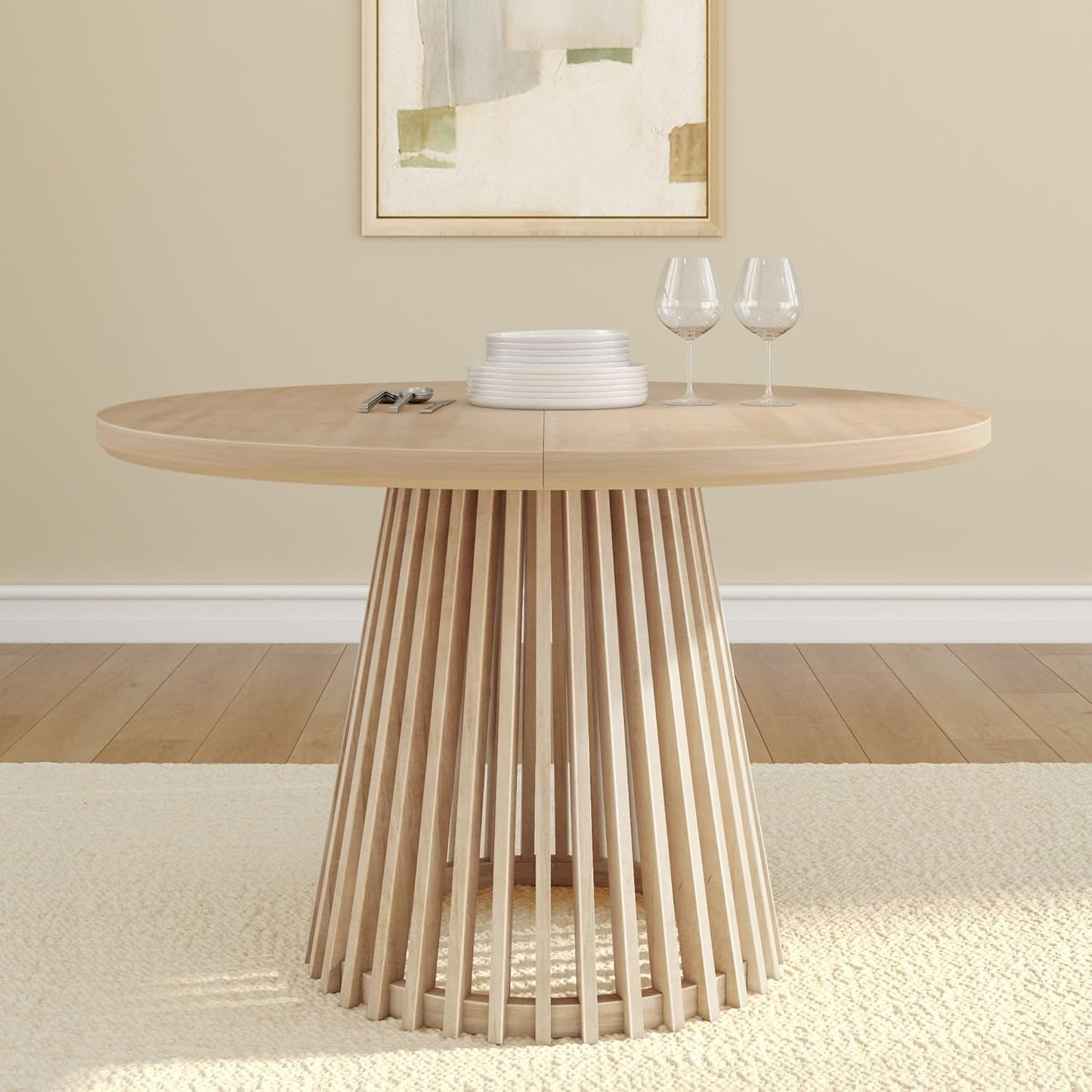 Plank+Beam Lido Round Dining Table, 47", Wooden, Pedestal, Minimalist Kitchen Table for 4 for Dining Room, Blonde