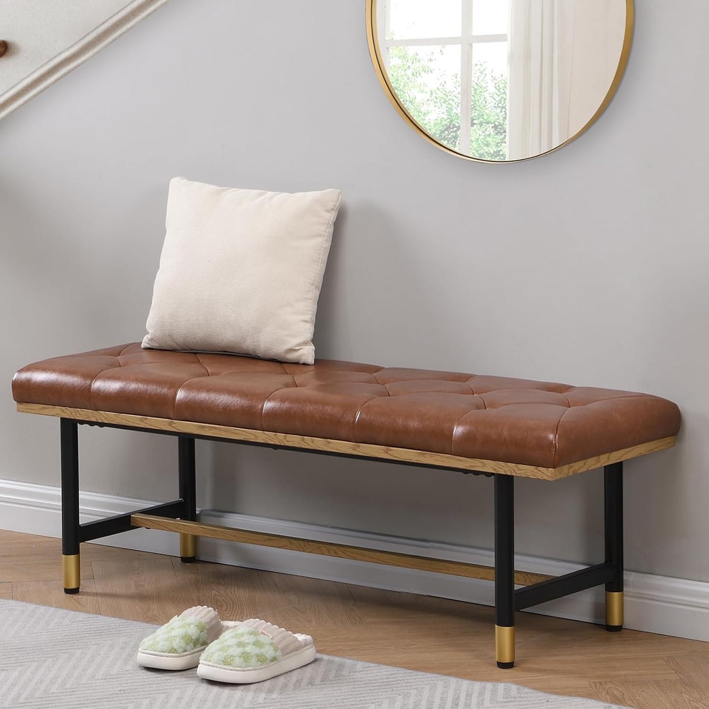 Modern Faux Leather Bench for Living Room and Bedroom, End of Bed Entryway Bench with Solid Metal Shelf, Padded Seat, Brown