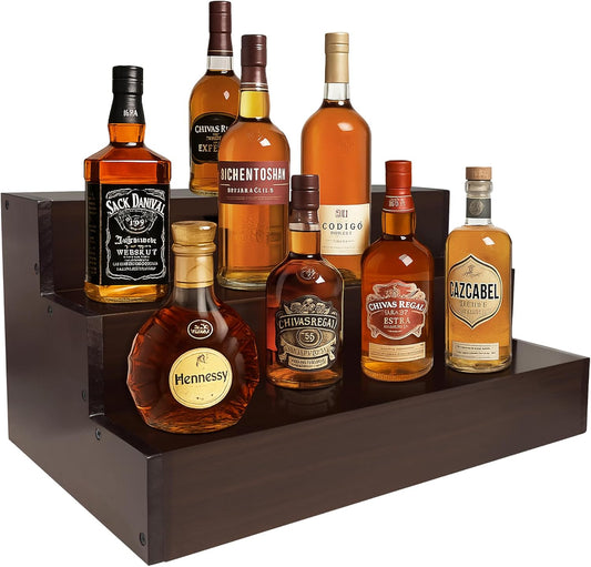 Royxen Wood Liquor Bottle Shelf 3 Tier Bar Shelf Freestanding Vintage Liquor Bar Stand for Home Bar Decor (Brown, 16 Inch Wide)