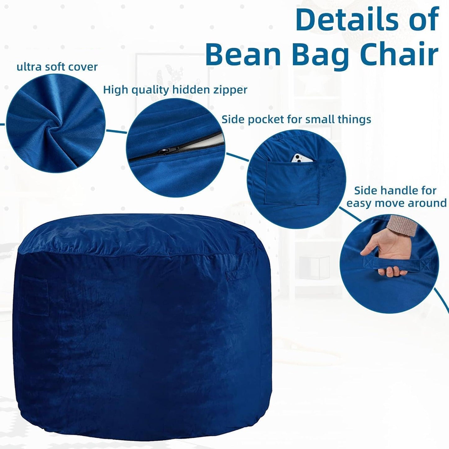 HABUTWAY Bean Bag Chair 3Ft Luxurious Velvet Ultra Soft Fur with High Rebound Memory Foam Bean Bag Chairs for Adults Plush Lazy Sofa with Fluffy Removable Sponge 3' (Blue)