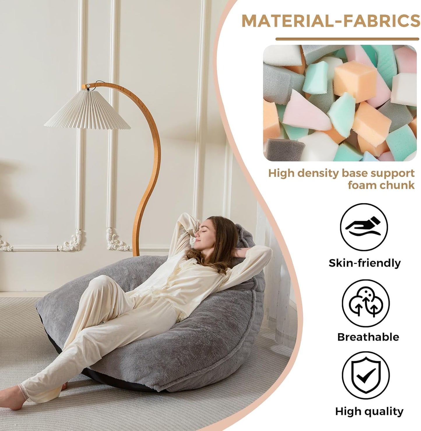 BYBYME Bean Bag Chairs Sherpa Lazy Sofa, Giant Beanbag Chairs for Adults, Teenagers with Stuffed High Density Foam Filling, Comfy Chair for Living Room, Bedroom