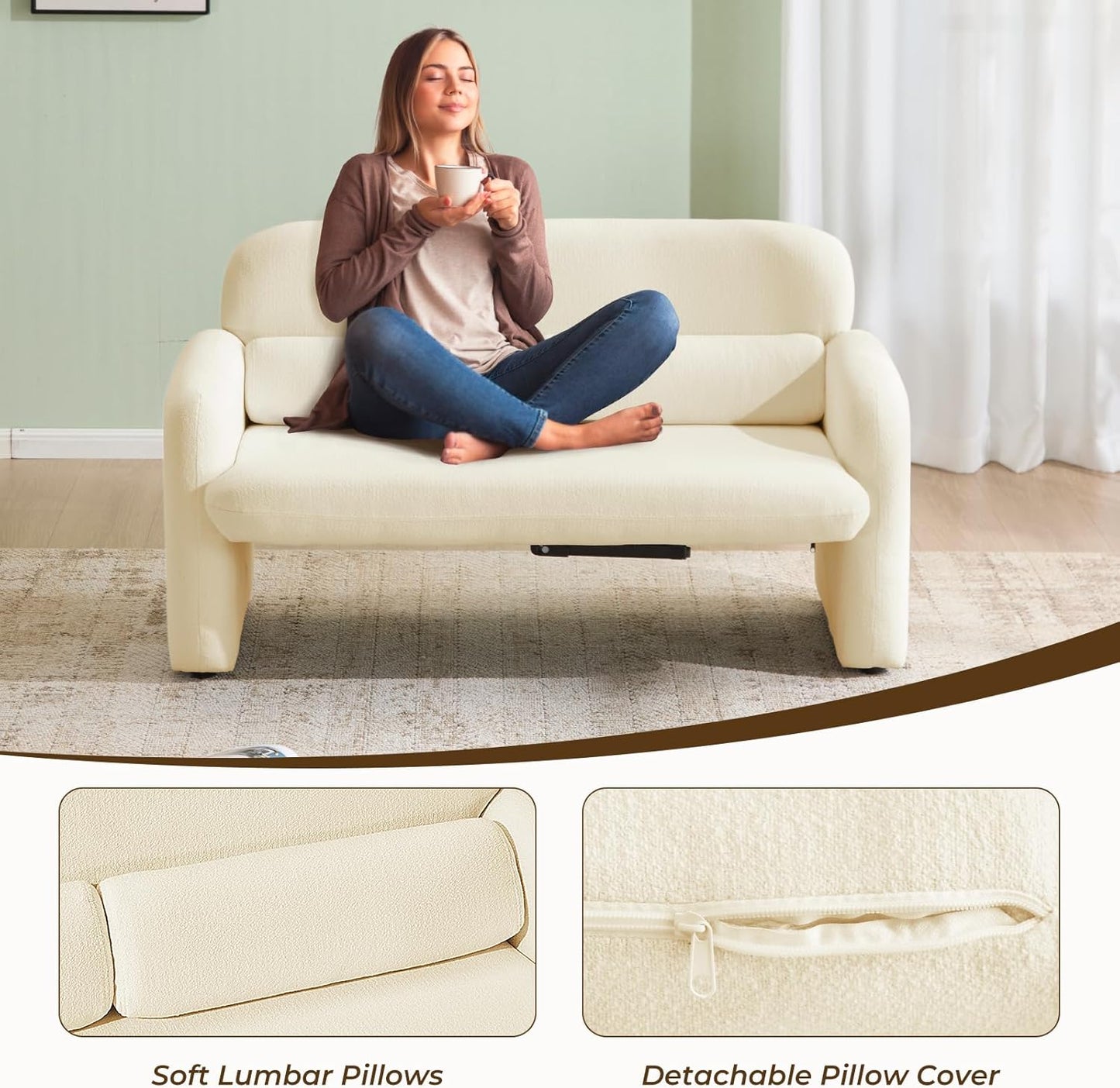 Furnimart Modern Loveseat Sofa, 54" 2-Seater Boucle Sofa, Comfy Upholstered Minimalist Couch, Small Couches for Small Spaces, Apartment, Office, Living Room, Bedroom, Dorm, Chenille White