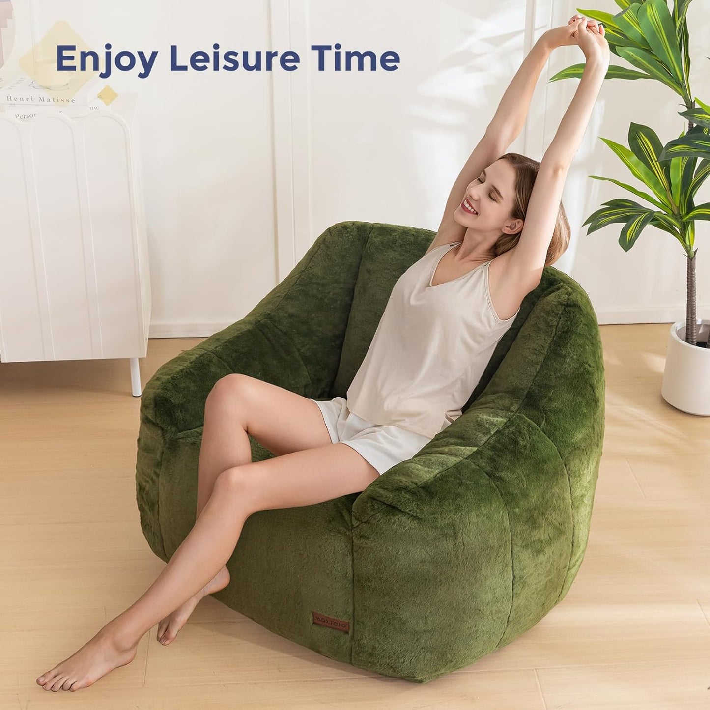 MAXYOYO Bean Bag Chair, Comfy Bean Bag Sofa with Back Support, Faux Fur Bean Bag Chair for Adults and Kids, Stuffed Floor Sofa for Living Room, Bedroom, Apartment, Green