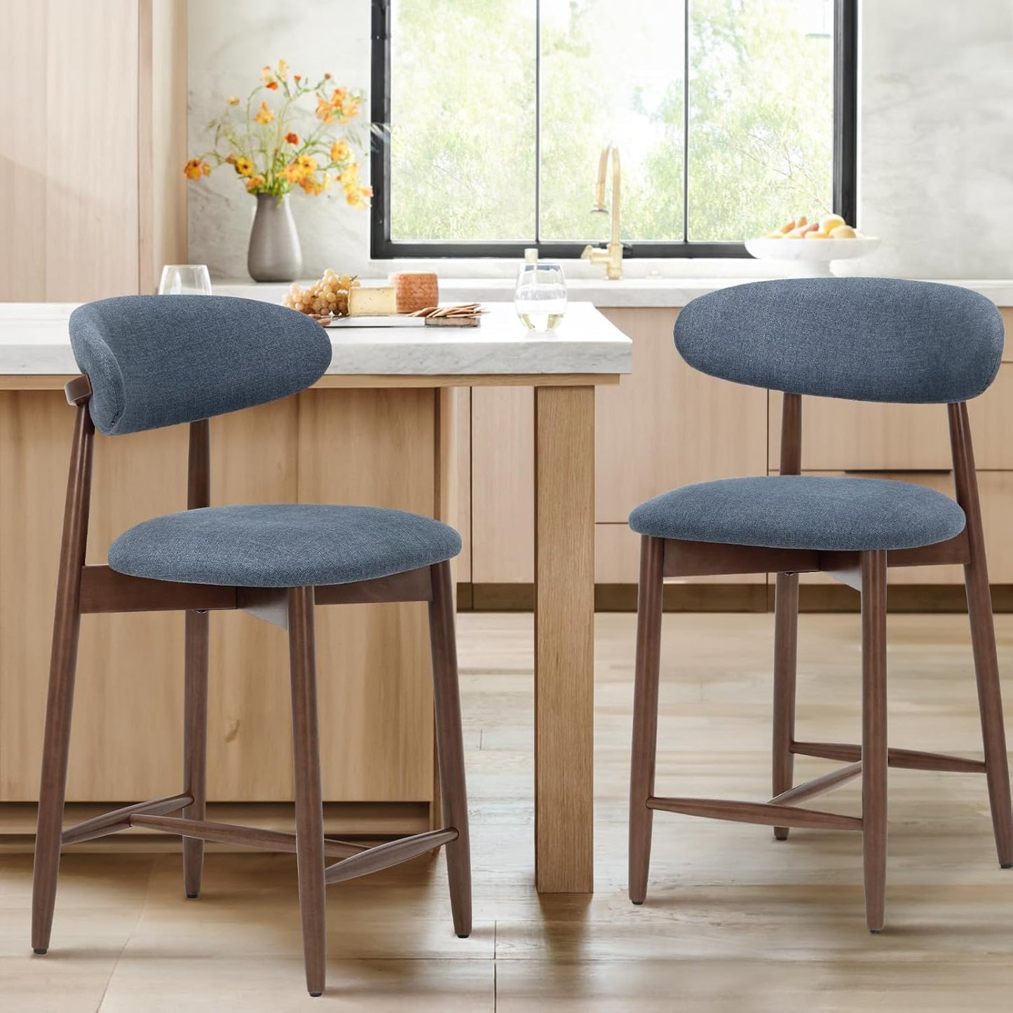 Upholstered Counter Height Bar Stools Set of 2, Modern Kitchen Island Barstools Chairs with Back and Wood Legs for Dining Room Bar, Blue