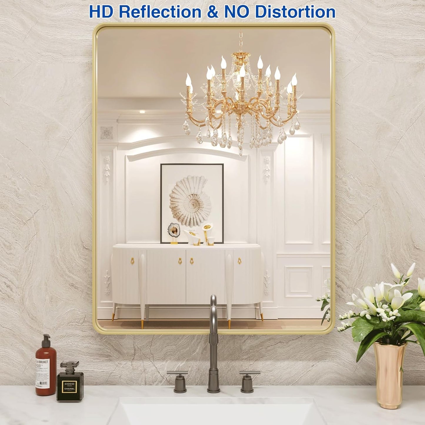 WEER Gold Bathroom Mirror, 24X36 Inch Brushed Gold Metal Frame Mirror, Rounded Rectangle Gold Bathroom Vanity Mirror for Wall, Tempered Glass, Anti-Rust, Hangs Horizontally or Vertically