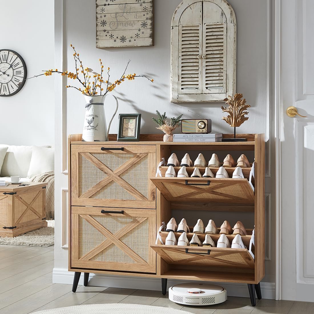 Shoe Storage Cabinet, Boho Shoe Organizer with 4 Flip Drawers & Rattan Design,Farmhouse Freestanding Hidden Slim Narrow Shoe Rack Cabinet for Entryway, Foyer,Hallway,Natural