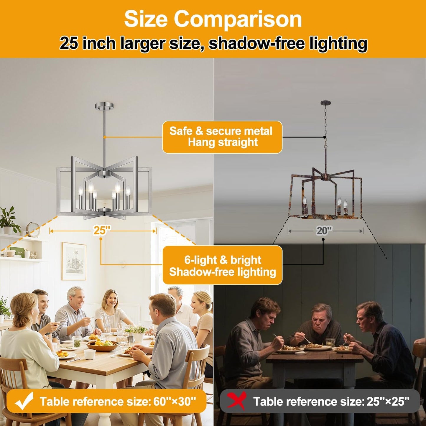 25" Modern Brushed Nickel Chandelier for Dining Room (6-Light, 25-Inch), Geometric Dining Room Light Fixture Over Table, Industrial Metal Hanging Pendant Lights for Kitchen Island, Entryway, Foyer