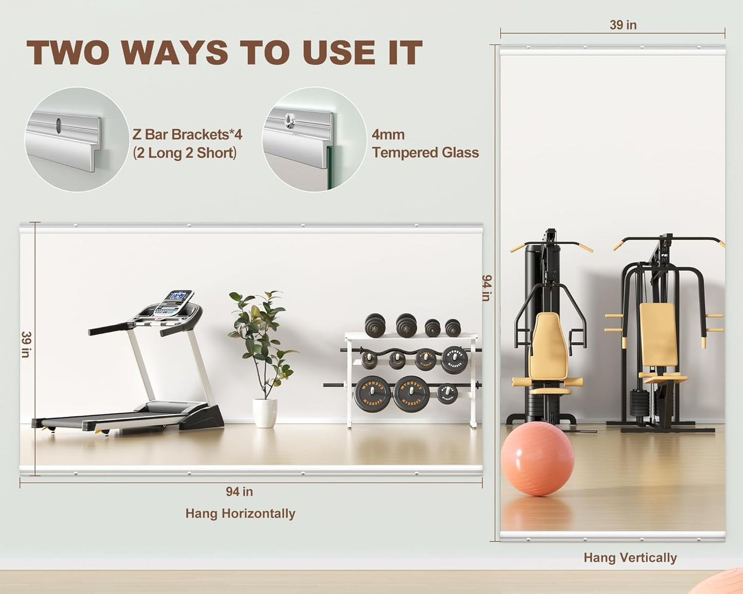 Hasipu Home Gym Mirror 95" L x 39" W - 1PC Large Full Body Mirror for Yoga, Wall-Mounted Mirrors for Fitness, Garage, Dance Studio, 0.16in Tempered Glass Frameless