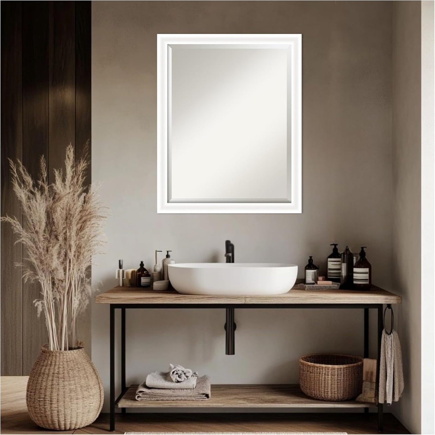 Amanti Art White Bathroom Mirror for Over Sink, 25x31 Oliver White Narrow Rectangle Vanity Mirror, Large Modern Wood Frame, Hangs Horizonally and Vertically, Bathroom Wall Decor, Beveled Edge