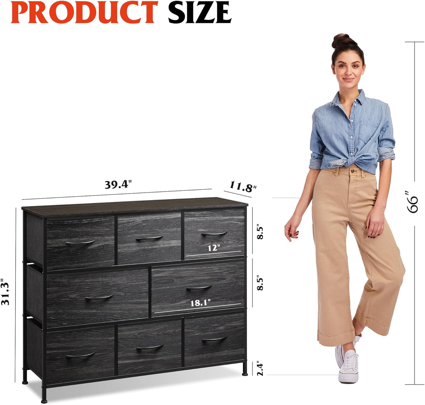 WLIVE 8 Drawer Dresser for Bedroom, Fabric Black Dresser with Large Storage Drawer Unit for Entryway, Chest of Drawers for Living Room