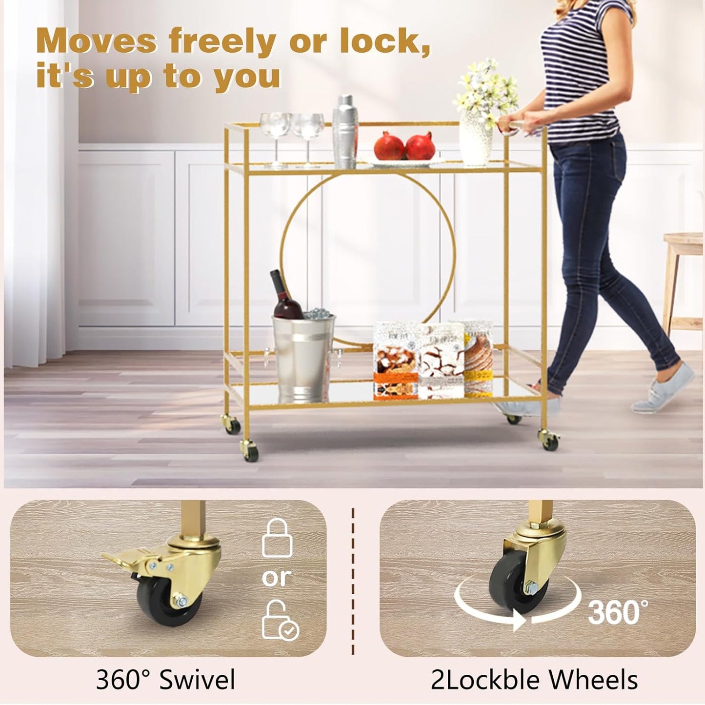 RiteSune Gold Bar Cart, Modern Wine Cart with Wheels, Home Bar Serving Carts with 2 Tier Mirrored Shelves, Wine Bar Carts for The Home, Dining Room, Kitchen