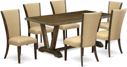 East West Furniture V777VE703-7 7 Piece Dining Table Set Consist of a Rectangle Dining Room Table with V-Legs and 6 Brown Linen Fabric Parsons Chairs, 40x72 Inch, Multi-Color