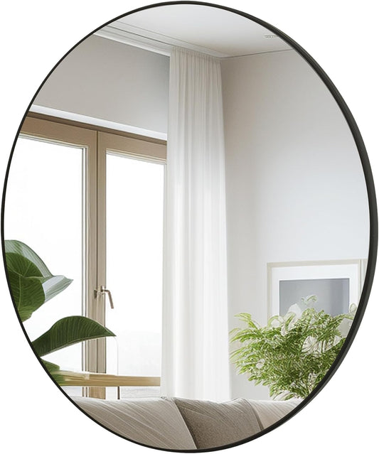 Black Round Mirror,Bathroom 30 Inch Vanity Wall Mirror,Modern Circle Mirror for Wall,Wood Mirror for Bedroom Living Room Entryway