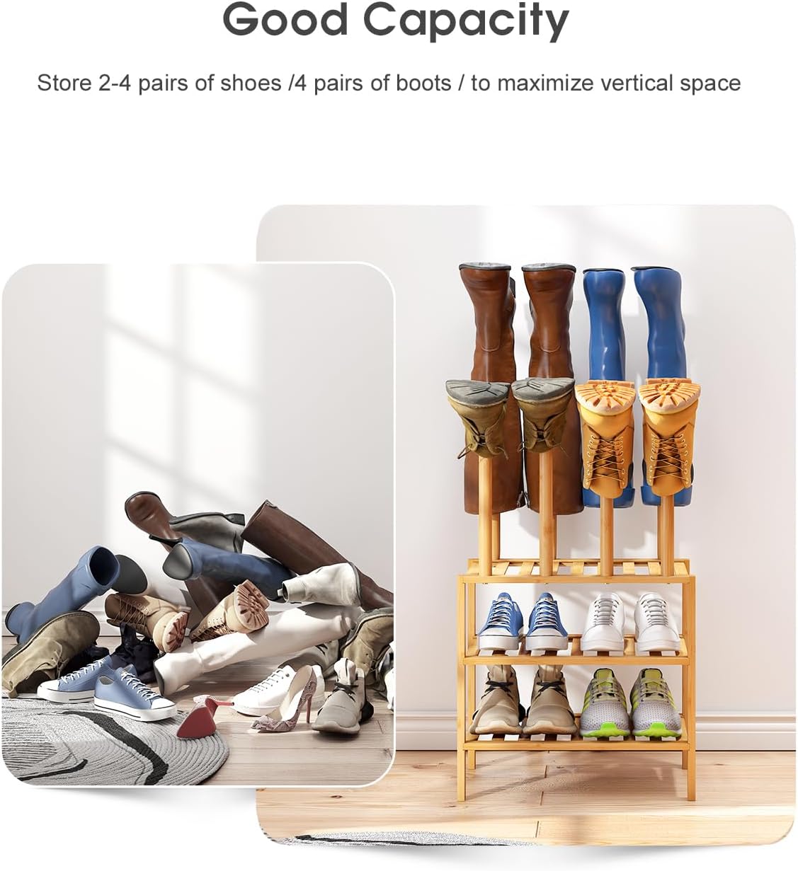 Small Boot Rack with Shoe Rack, Boot Rack Organizer Tall Boots for Closet, Bamboo Wood Shoe Shelf Storage Organizer for Entryway Small Space