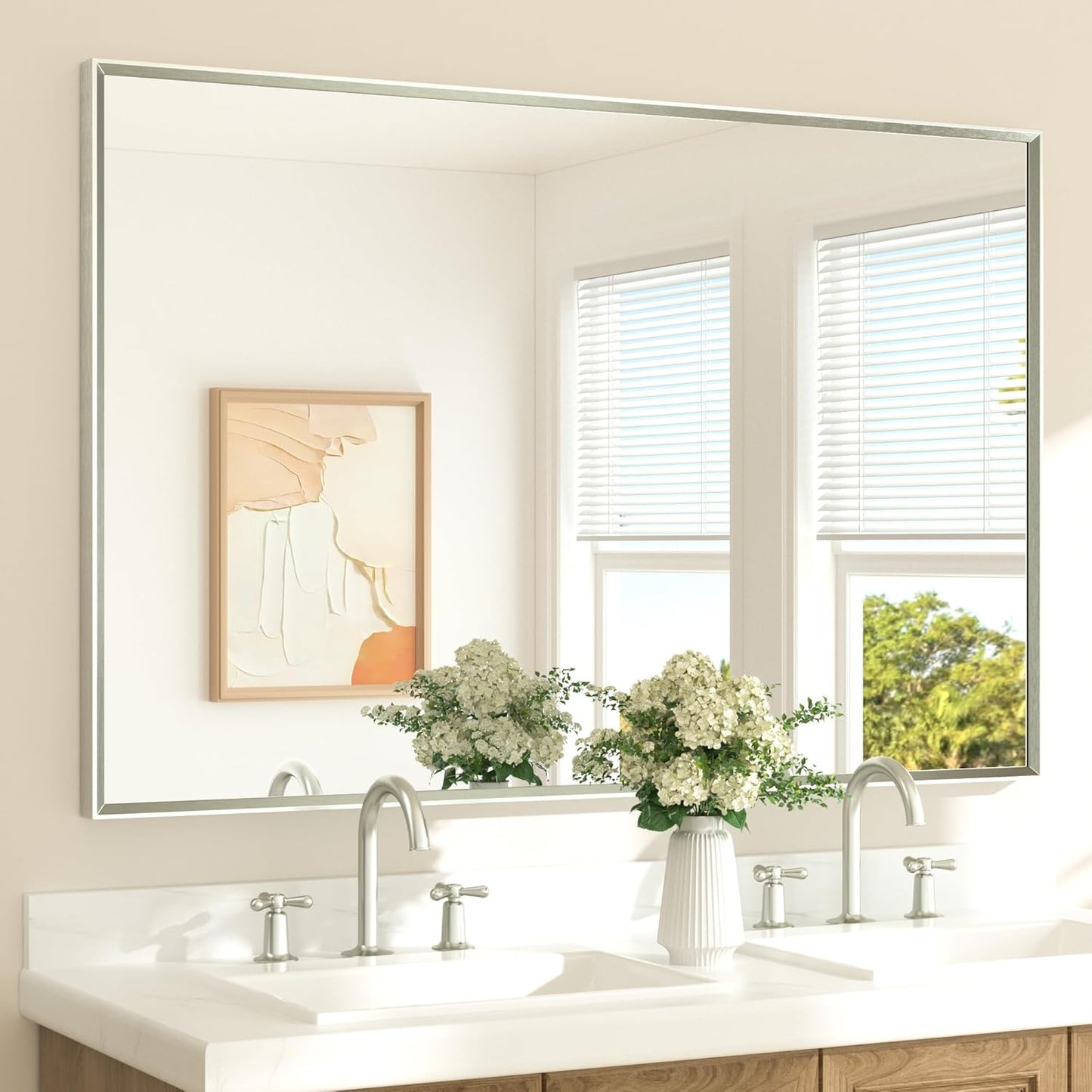 TETOTE Brushed Nickel Bathroom Vanity Mirror 55" x 36" Beveled Framed Bathroom Wall Mirror for Over Sink Brushed Nickel, Tempered Glass, Modern Farmhouse Bedroom, Entryway, Living Room