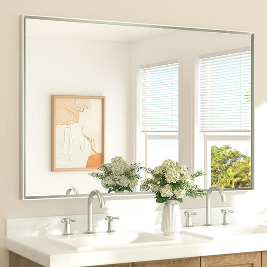 TETOTE Brushed Nickel Bathroom Vanity Mirror 55" x 36" Beveled Framed Bathroom Wall Mirror for Over Sink Brushed Nickel, Tempered Glass, Modern Farmhouse Bedroom, Entryway, Living Room