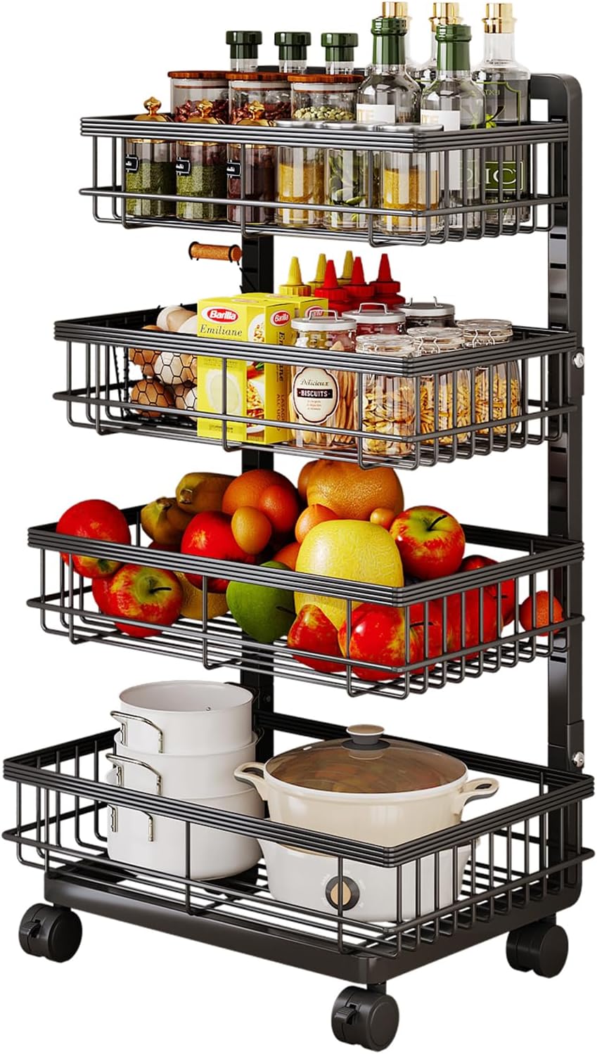 Aupekro 4-Tier Kitchen Storage Cart, Metal Utility Rolling Cart with Wheels, Versatile Rolling Storage Snack Cart, Adjustable Fruit Vegetable Basket Rack for Pantry, Bathroom, Kitchen, Office (Black)