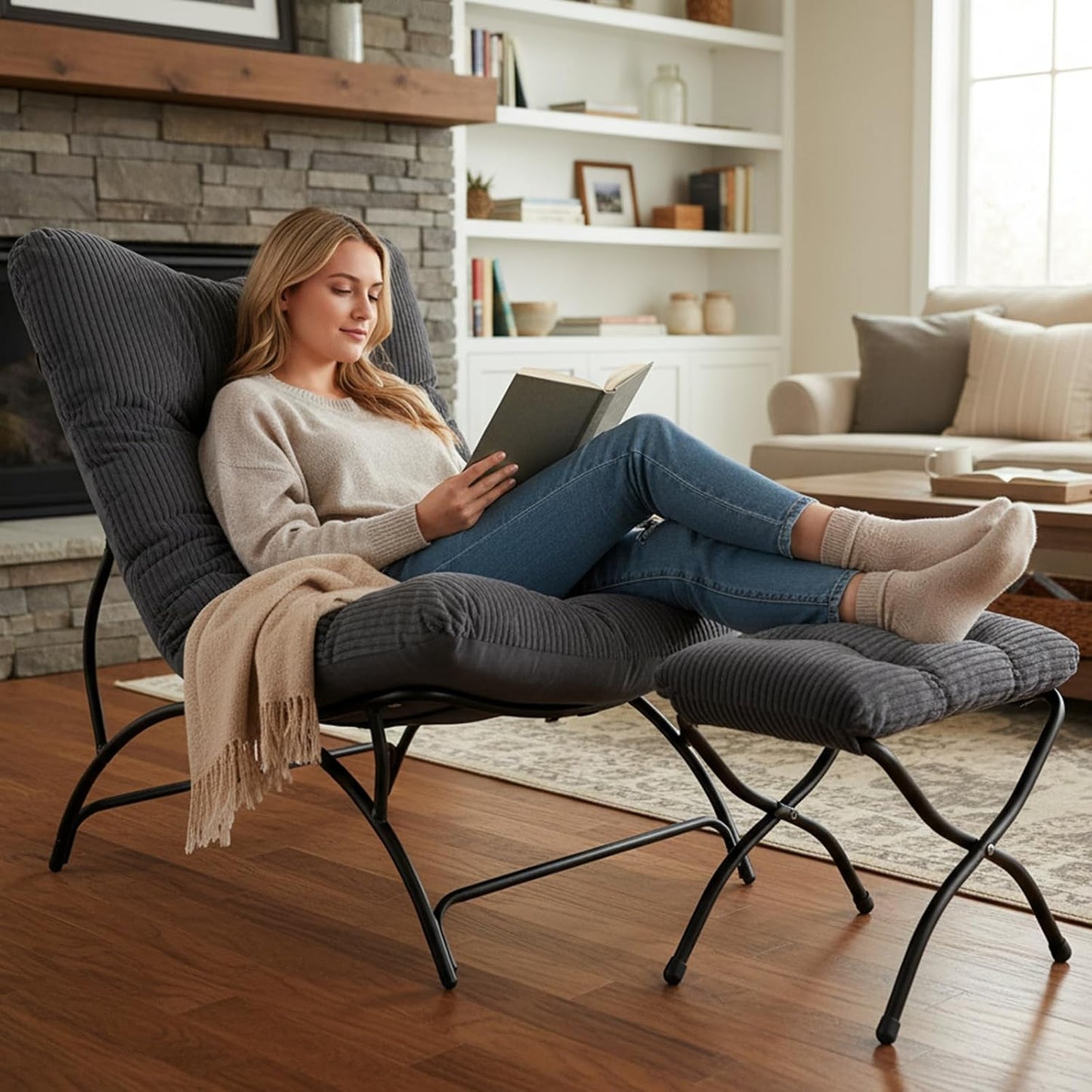 Welnow Accent Chair with Ottoman, Lounge Comfy Soft Leisure Metal Frame Reading Chair with Footrest, Upholstered Thick Cushion Seated Recliner Sofa for Living Room, Bedroom, Dorm, Dark