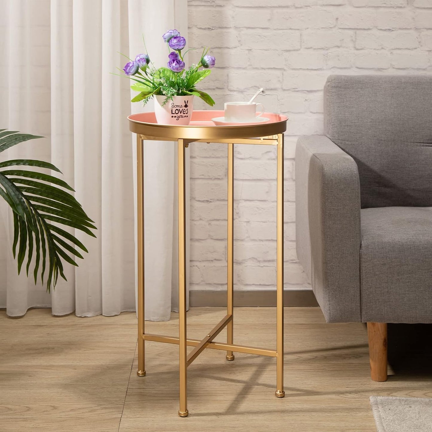 HollyHOME Small Round Metal End Table, Accent Indoor&Outdoor Coffee Side Table, Snack Sofa Table for Living Room, Anti-Rust Decorative Plant Stand, (D) 14.5" x(H) 25", Gold&Pink