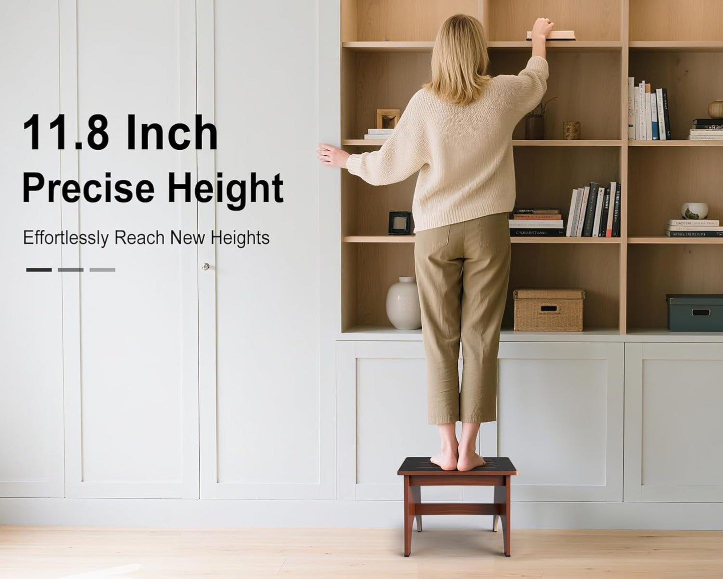 One Step Stool for Adults Seniors with Non-Slip Rubber Step Surface, 11.8" Heavy Duty Wooden Stepping Stools with 450 LBS Capacity for Bedroom Kitchen Bathroom