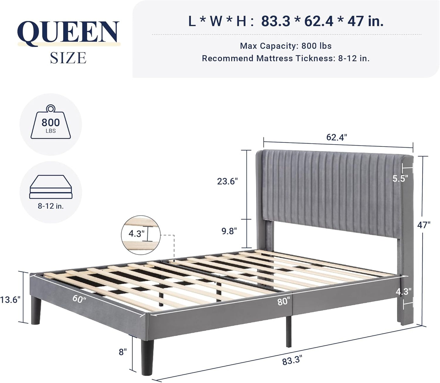 Allewie Queen Size Velvet Bed Frame/Vertical Channel Tufted Wingback Headboard/Upholstered Platform Bed/Strong Wooden Slats/No Box Spring Needed/Easy Assembly/Grey