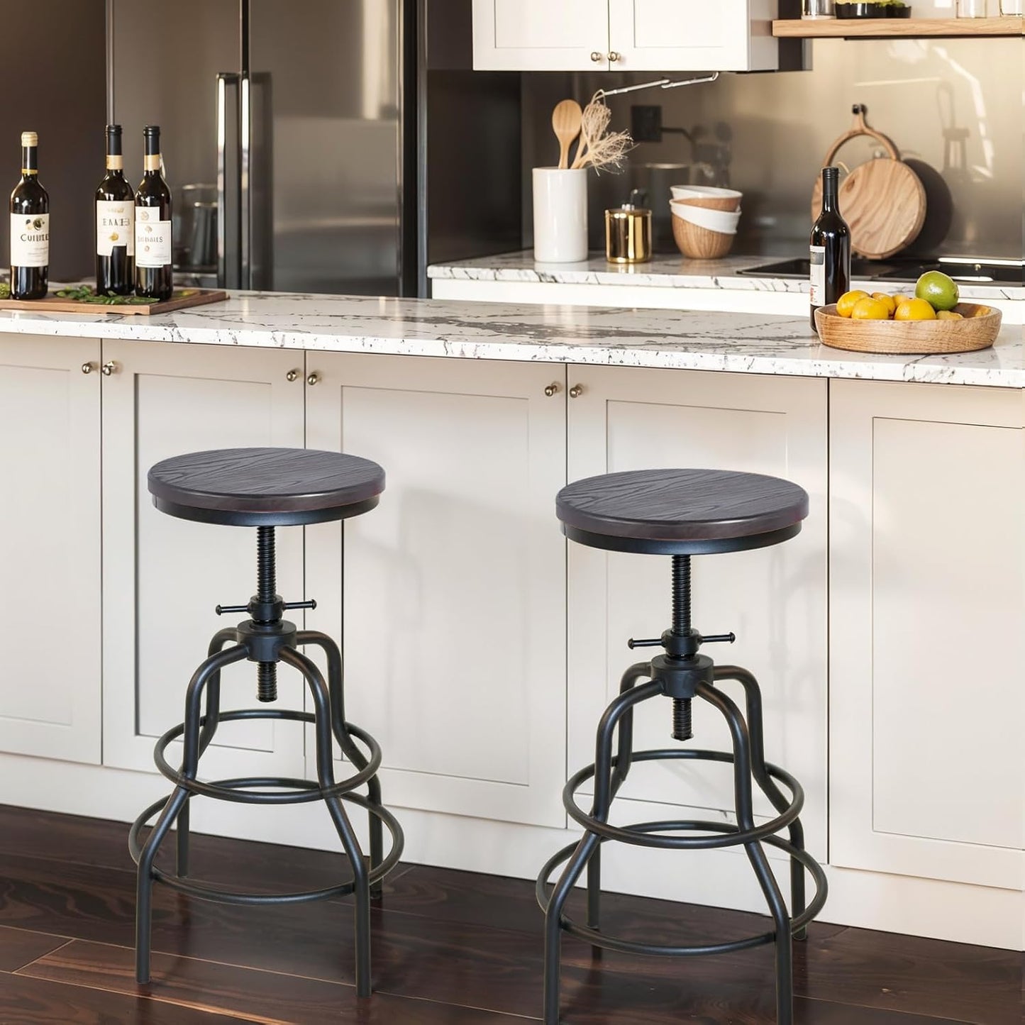 LOKKHAN Vintage Industrial Bar Stool-Rustic Swivel Bar Stool-Round Walnut Wood Metal Stool-Counter/Bar Height Adjustable Pipe Stool-Cast Steel Stool 23.62"-29.52" (Set of 2)