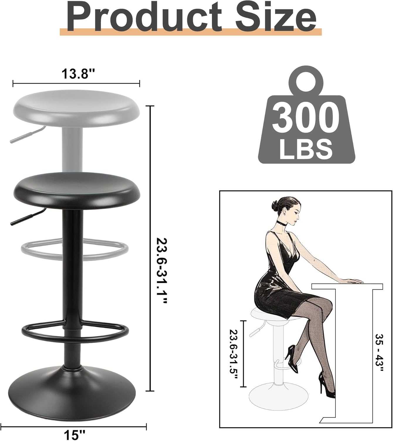 CAROLMADE Bar Stools Set of 2, Adjustable Metal Bar stools Swivel Counter Height Stool Backless Barstools for Kitchen Island Pub, Black