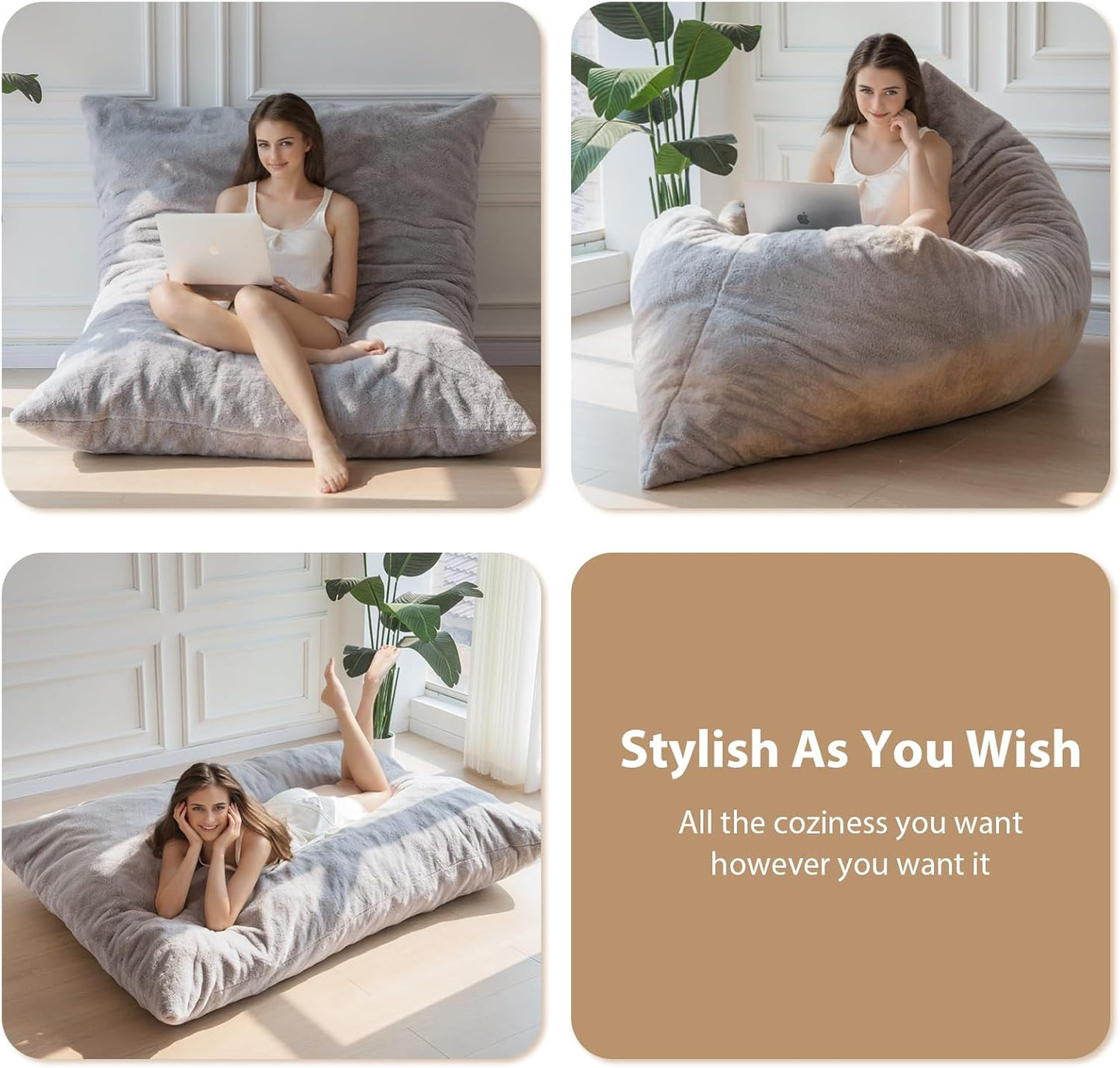 BYBYME 3 in 1 Bean Bag Chair, Convertible Chair Folds from Bean Bag to Lounger, High-Density Foam Filling, Faux Fur Big Sofa Bed, Giant Bean Bag Chair Bed for Adults