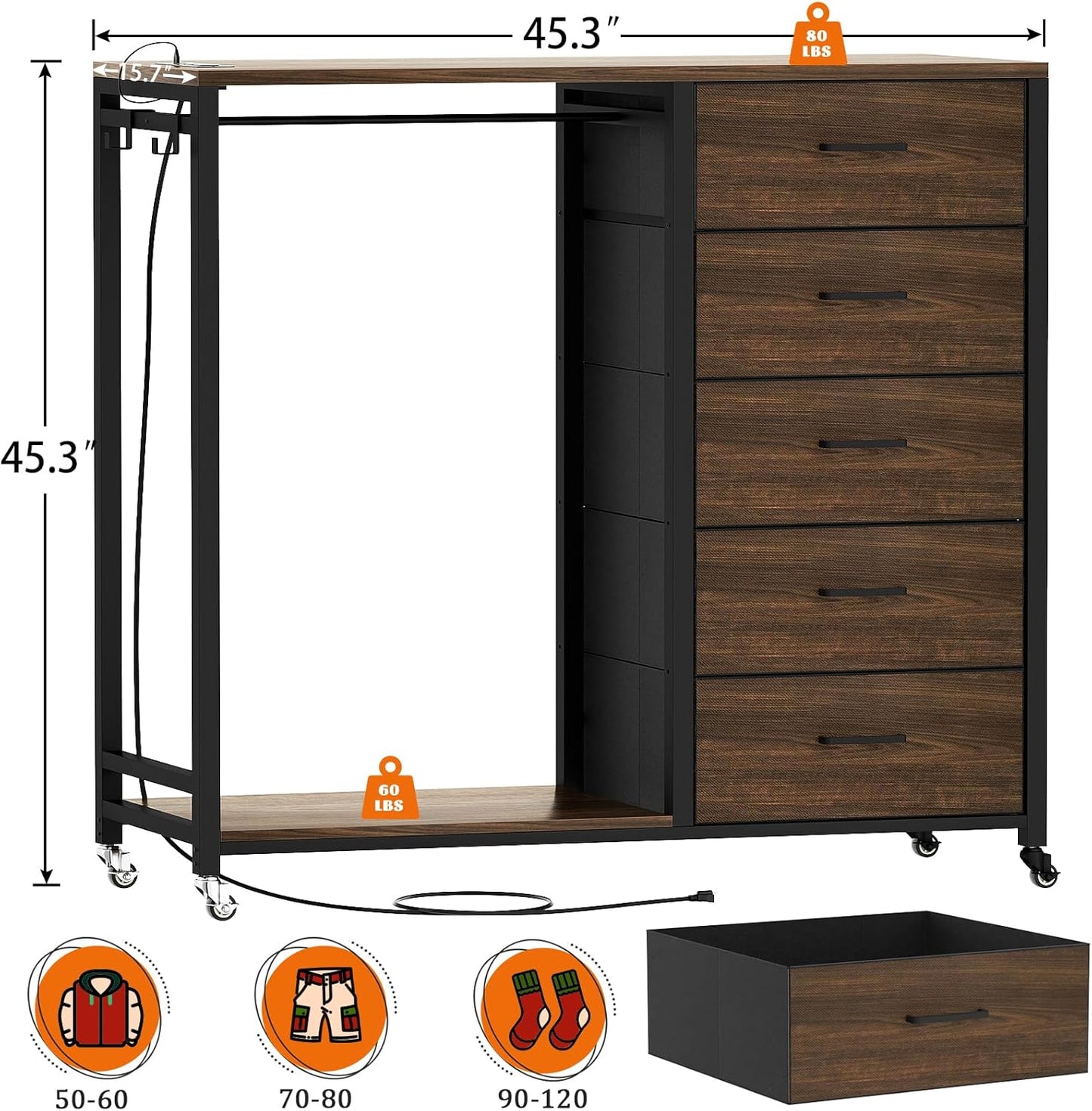 Cyclysio Dresser for Bedroom with Clothes Rack, 5 Fabric Drawers Dresser with Charging Station & LED Lights, Storage Chest of Drawers, Wooden Top, Bedroom, Closet, Red Oak