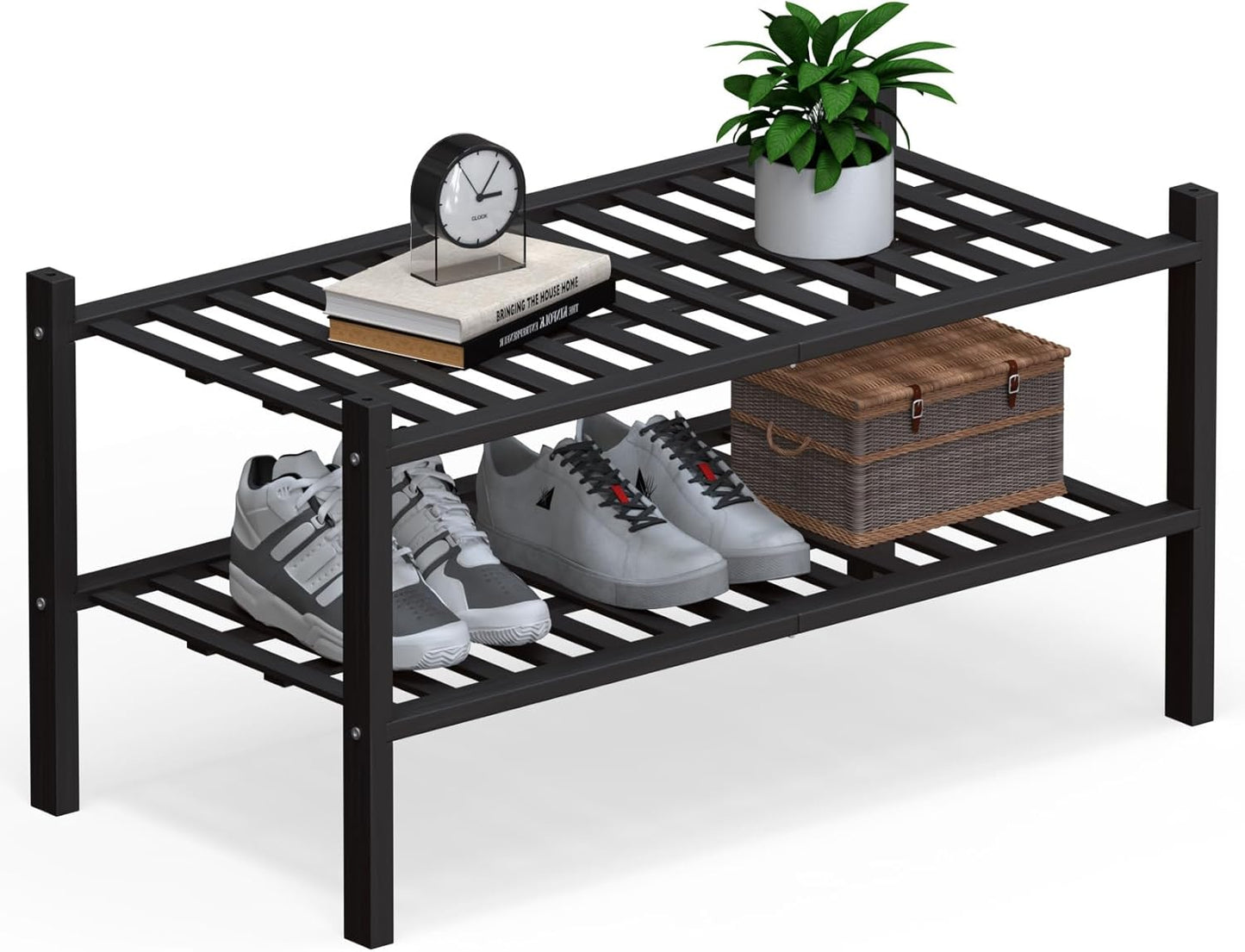 Haddockway Large 2 Tier Bamboo Shoe Rack Storage Organizer, Multifunctional Free Standing Stackable Shoe Shelf with Grid Panel for Closet,Hallway,Entryway,Small Space 27"x12"x14"(Black, 2-Tier(Large))