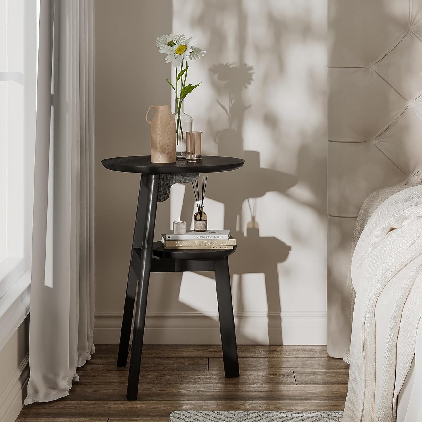 ChooChoo Round End Table for Small Spaces, Narrow Side Table, Accent Table Night Stand with 2 Tier Shelf for Bedroom and Living Room, Black