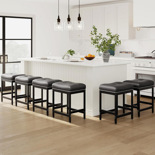 MALOL Set of 4 Saddle Bar Stools Counter Height 24.4”, Backless Barstools for Kitchen Island, Modern PU Leather Cushioned Seat, Bar Chairs for Kitchen Counter, Breakfast Bar Stools for Home,Black