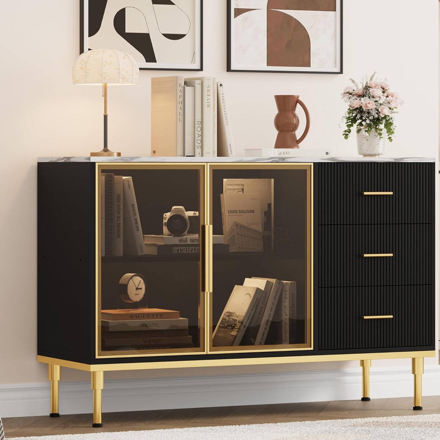 Buffet Sideboard Cabinet with Storage, 46.4" Large Fluted Kitchen Sideboard Cabinet with 2 Glass Doors 3 Drawers and Shelves, Faux Marble Top Buffet Table for Dining Room, Living Room, Black