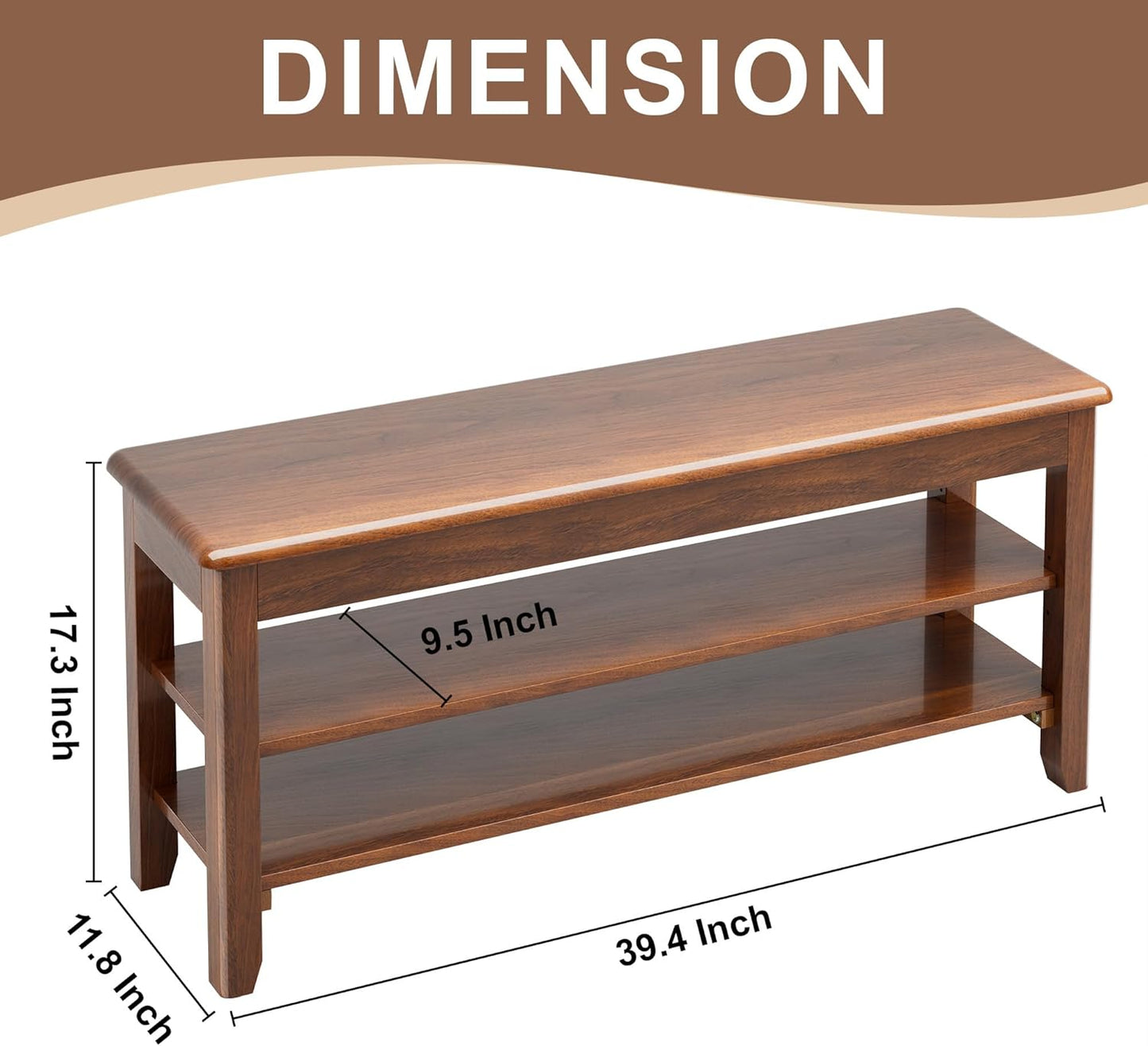 Shoe Storage Bench for Entryway - 3 Tier Shoe Rack for Front Door Entrance, Rubberwood Show Rack, Height Adjustable Entryway Bench with Shoe Storage for Any Room (Walnut, 39.4" W)