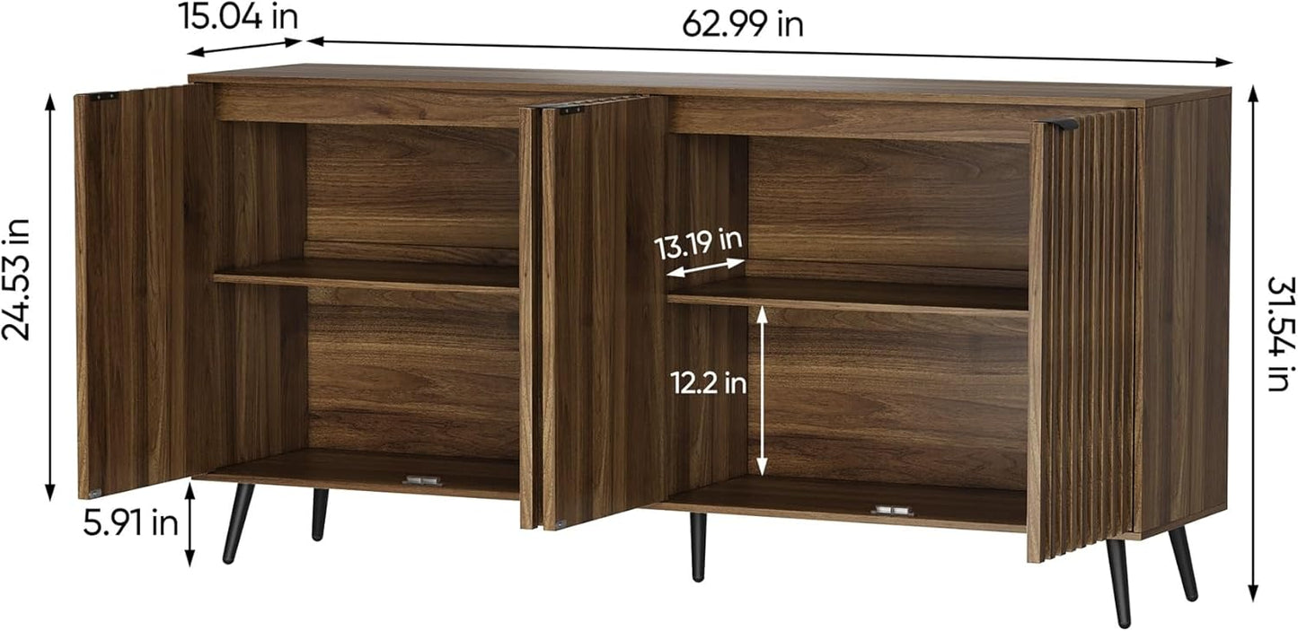 Semiocthome Walnut Buffet Cabinet with Storage, Large Sideboard Cabinet with 4 Fluted Doors and Metal Legs, Storage Cabinet with Adjustable Shelf, Accent Table for Living Room, Dining Room, Kitchen