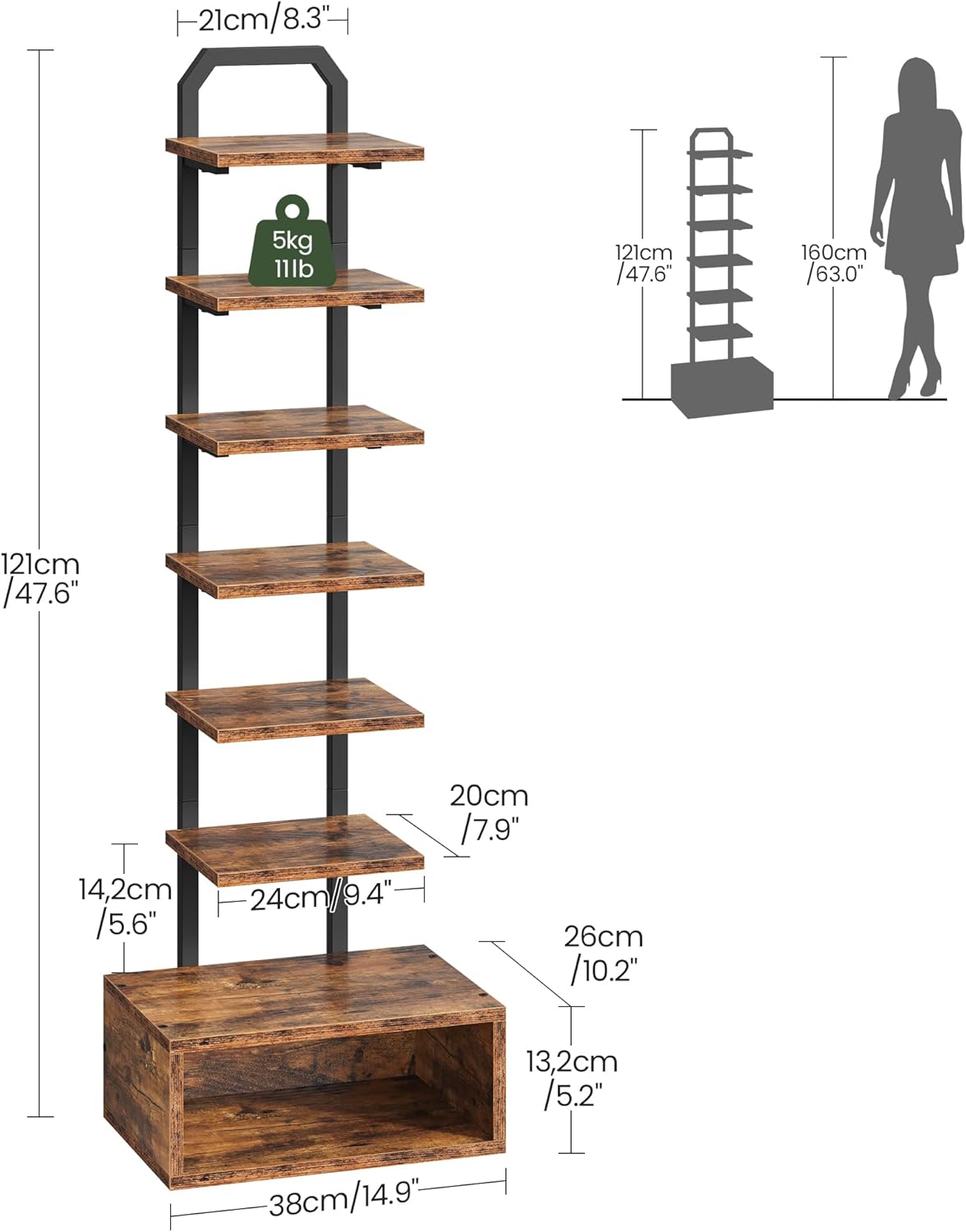 8-Tier Bookshelf, LED Bookcase with Semi-Open Bottom, Small Space Standing Shelf with Lights, Corner Storage Stand, for Living Room, Home Office, Bedroom, Rustic Brown TSJ08DBF
