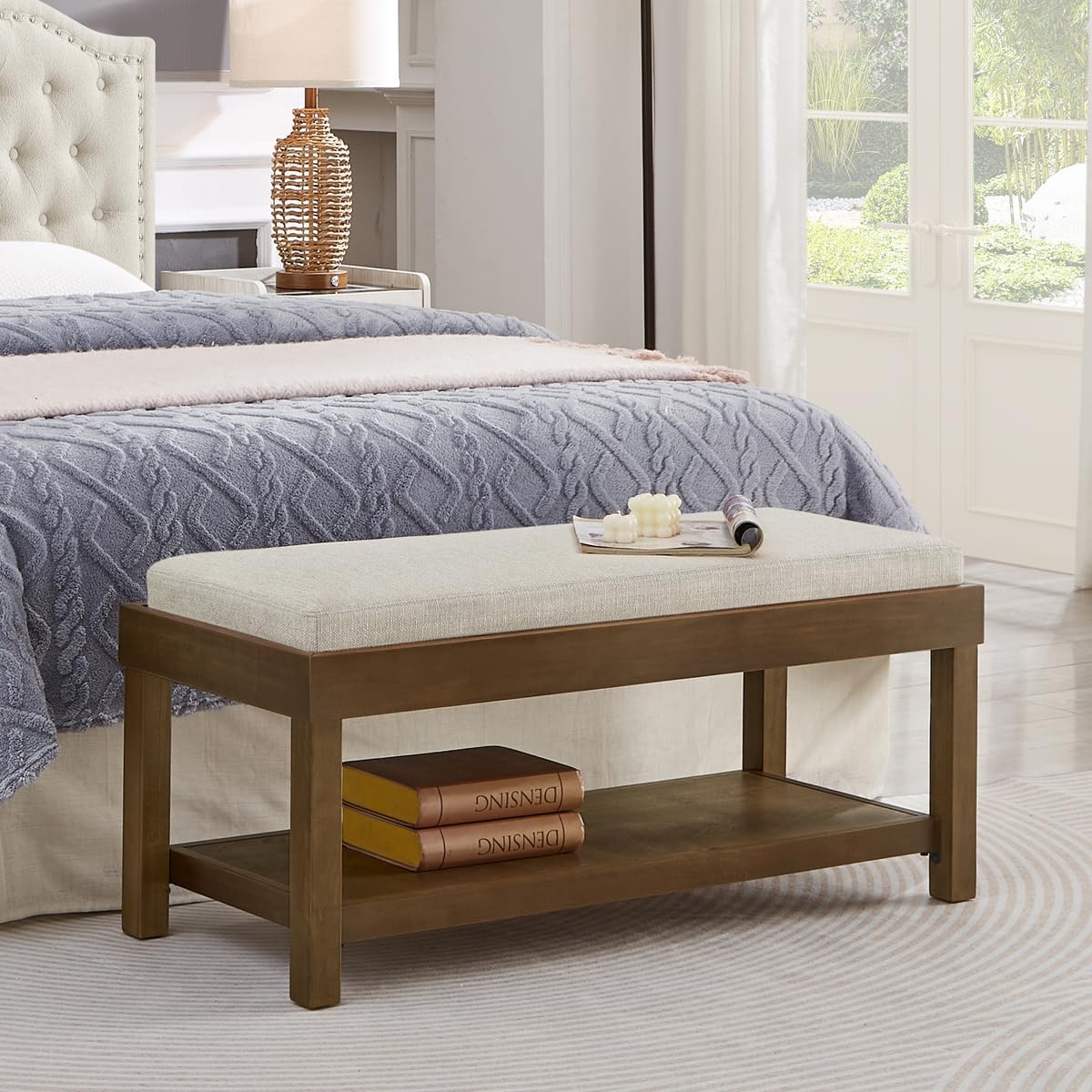 24KF Large Rectangular Storage Bench,Upholstered Seat Cushion,Ottoman Coffee Table with Beige Removable Cushion for Living Room,Entryway Bench Bed Bench with Solid Wood Shelf,5069-Beige